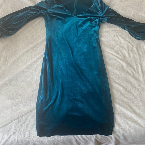 Badgley Mischka Velvet Balloon Sleeve Beaded Cuff Dress - Picture 5 of 7